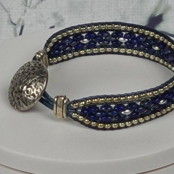 Blue & Silver Bead & Leather Bracelet - Picture 4 of 6